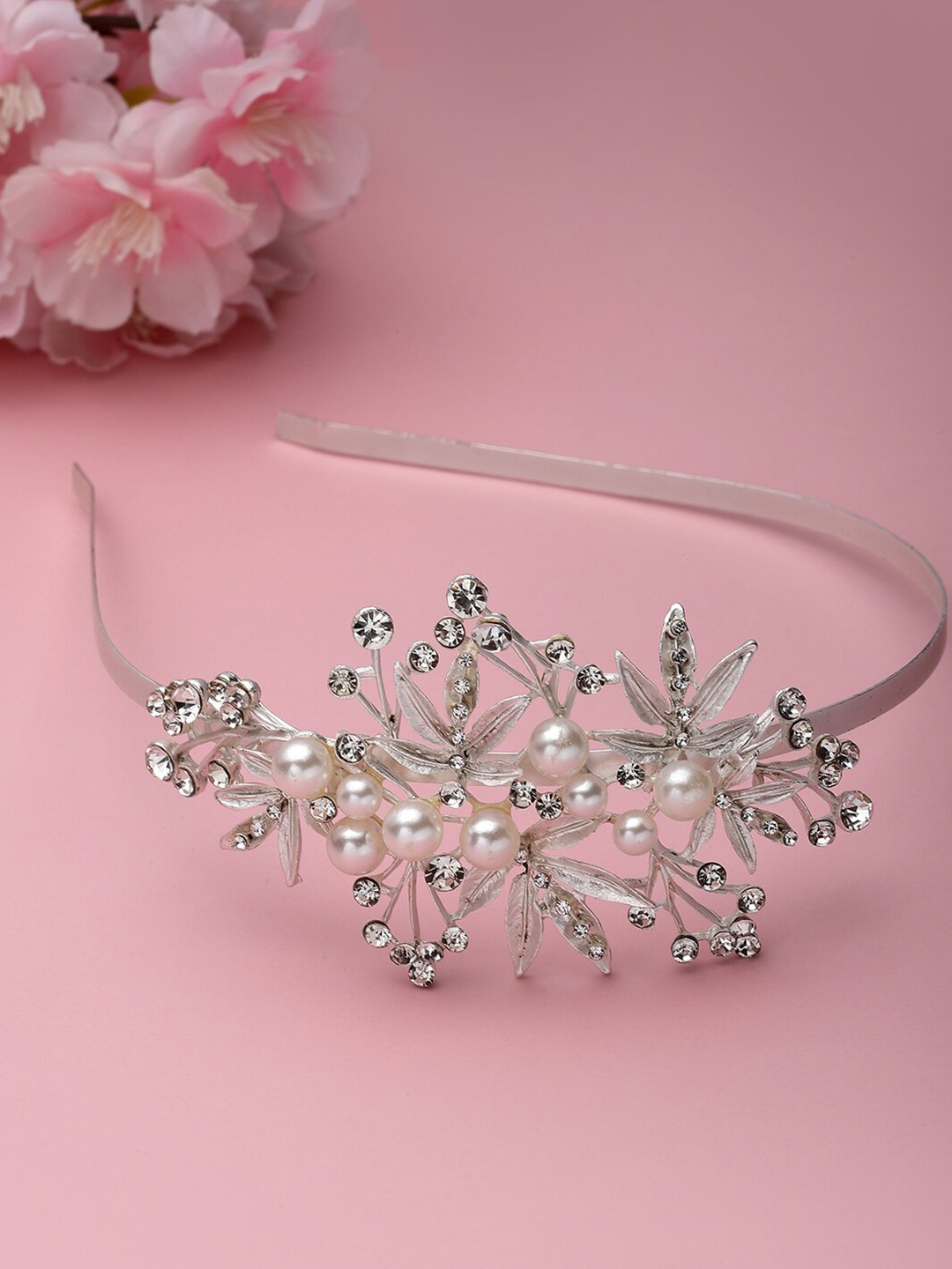 

PANASH Women Silver-Plated CZ Stone-Studded & Pearl Embellished Hairband