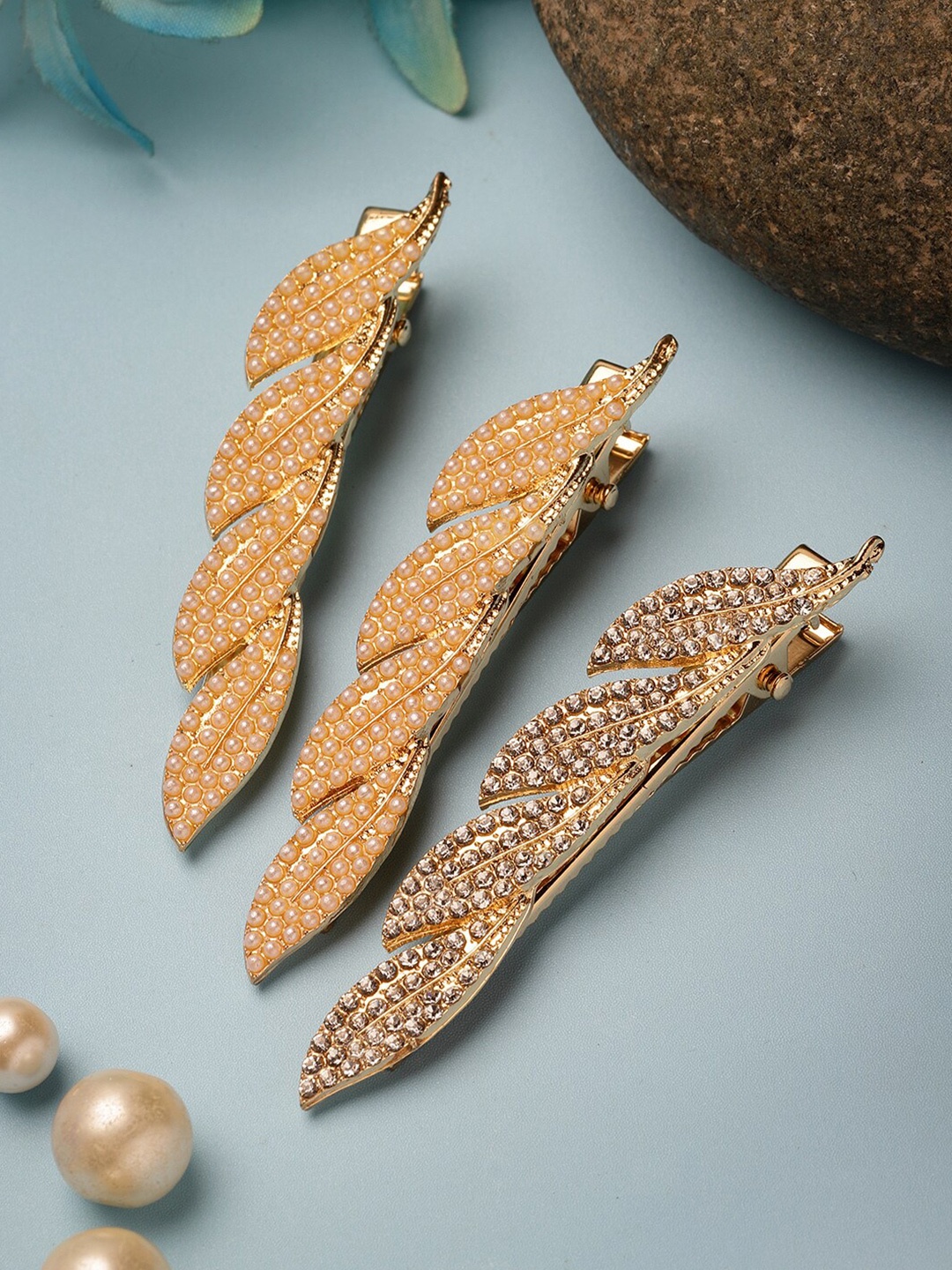 

PANASH Women Set of 3 Embellished CZ Stone & Pearl Leaf Shaped Alligator Hair Clip, Peach