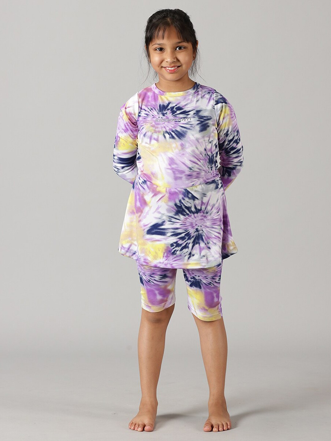 

KiddoPanti Girls Printed Full Sleeve With Jammer Swim Dress, Violet