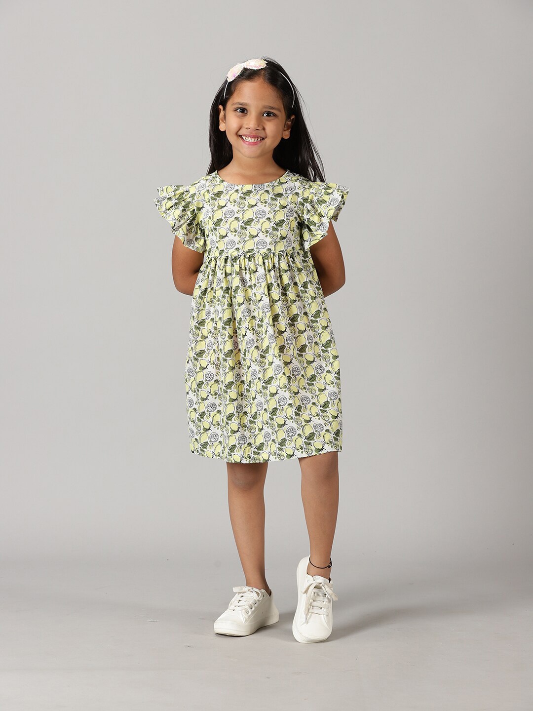 

KiddoPanti Flutter Sleeves Floral Empire Dress, Green