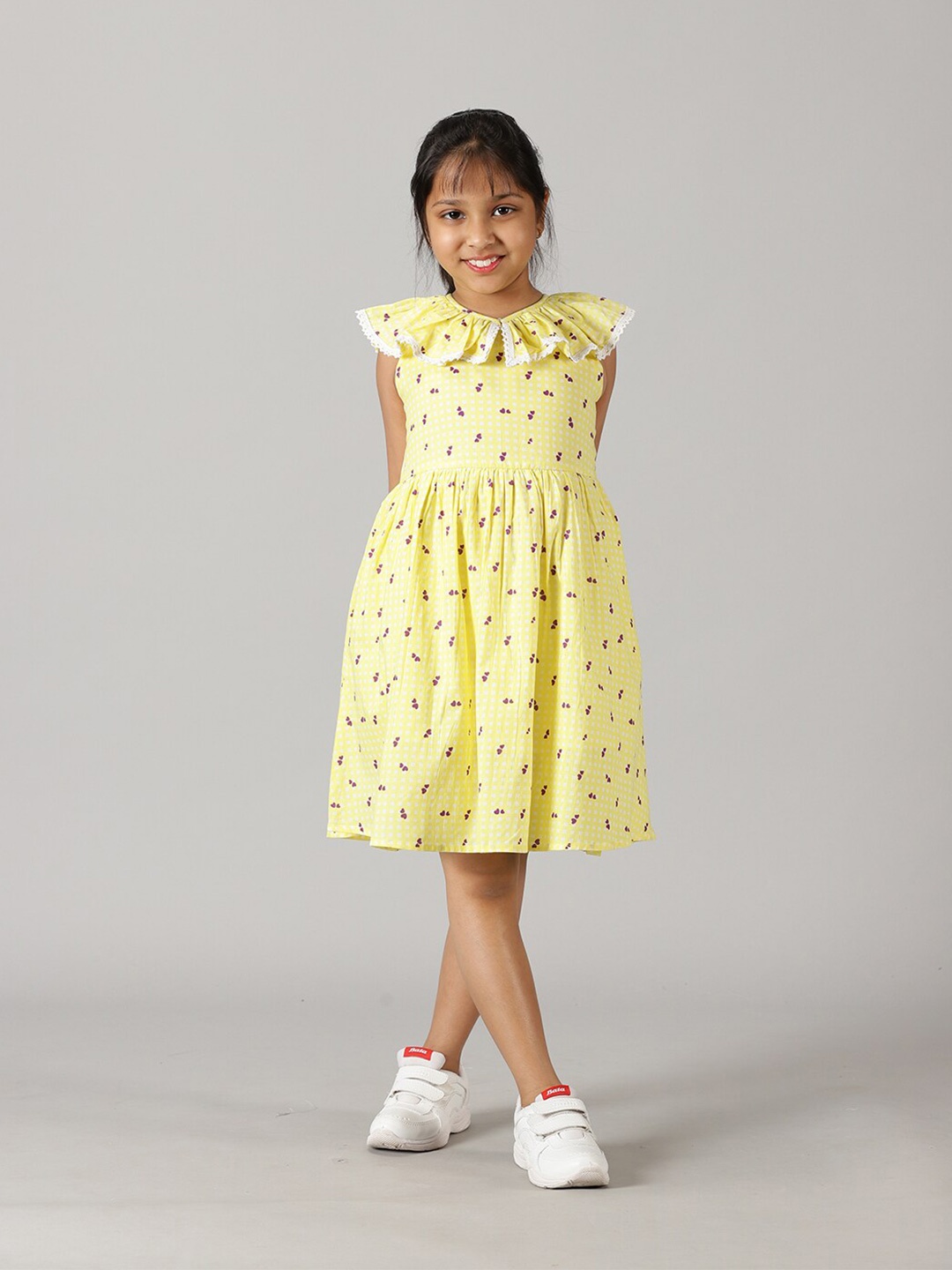 

KiddoPanti Girls Conversational Printed Pure Cotton Fit & Flare Dress, Yellow