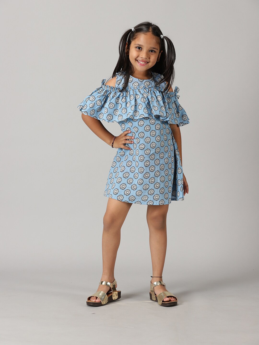 

KiddoPanti Girls Floral Printed Ruffles A-Line Dress, Blue
