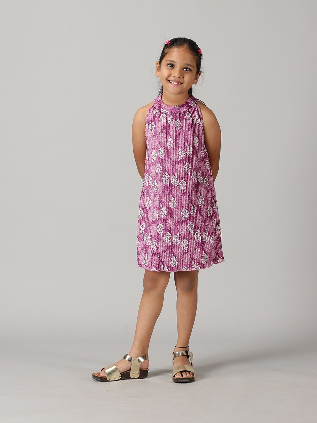 

KiddoPanti Girls Floral Printed Accordion Pleats A-Line Dress, Purple