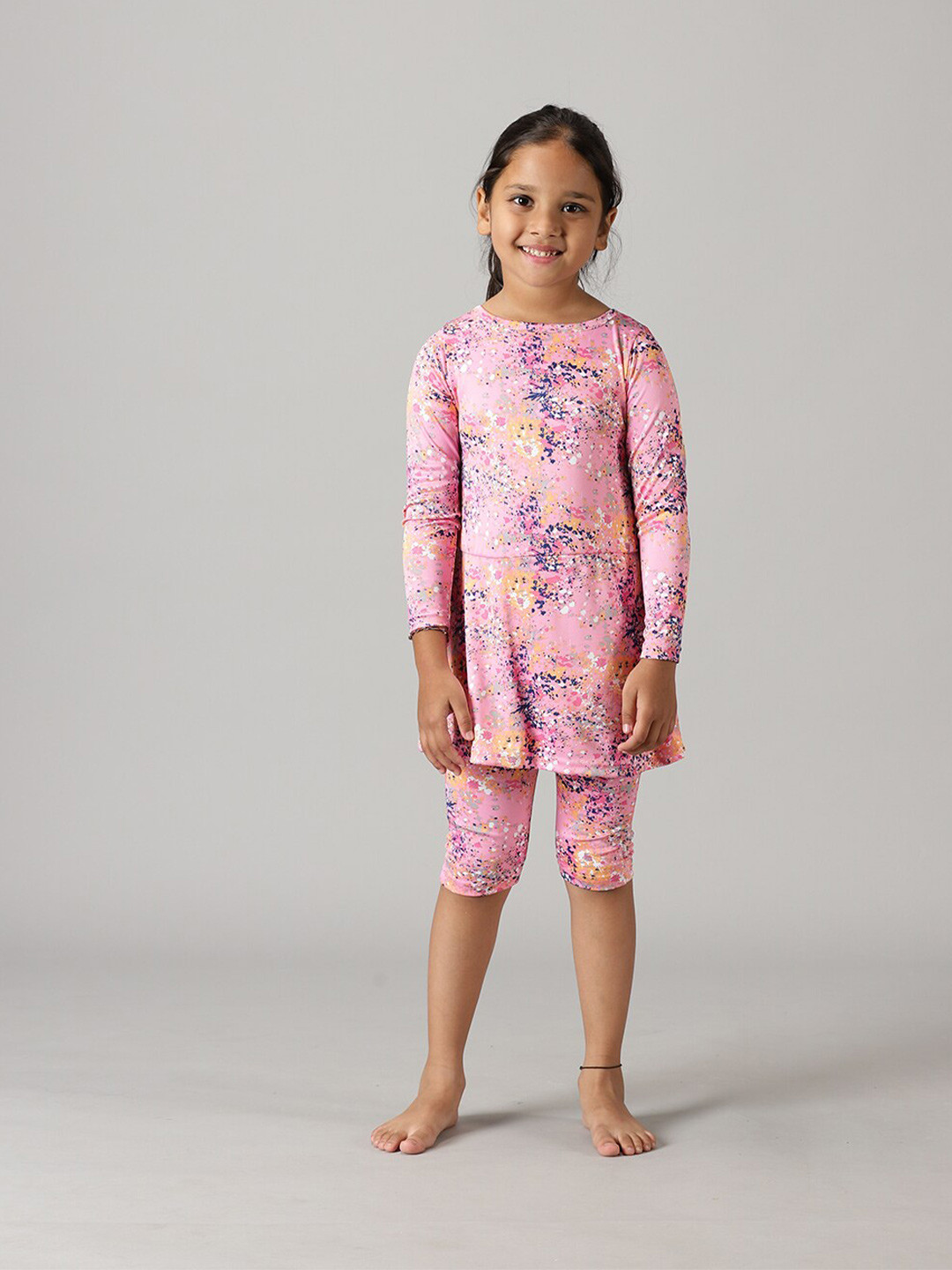 

KiddoPanti Girls Abstract Printed Swimming Dress With Jammer, Pink