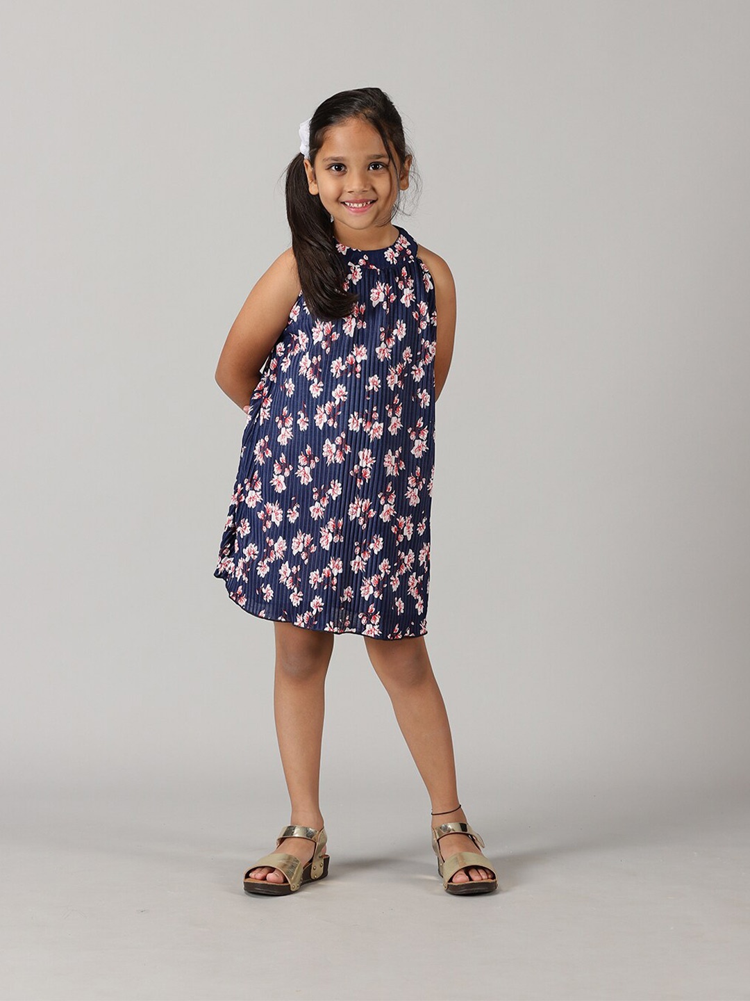 

KiddoPanti Girls Floral Printed Accordion Pleats A-Line Dress, Navy blue