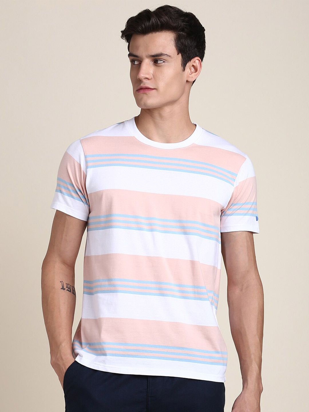 

Dennis Lingo Striped Pure Cotton Slim Fit T-shirt, Peach