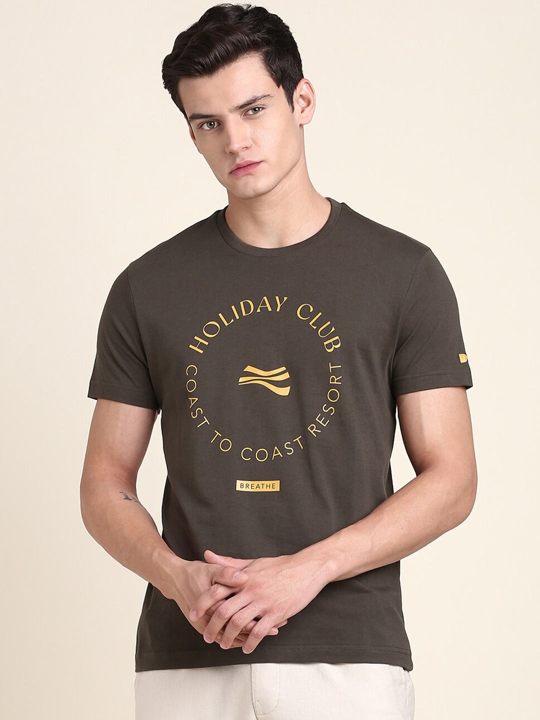 

Dennis Lingo Round Neck Typography Printed Slim Fit T-shirt, Olive