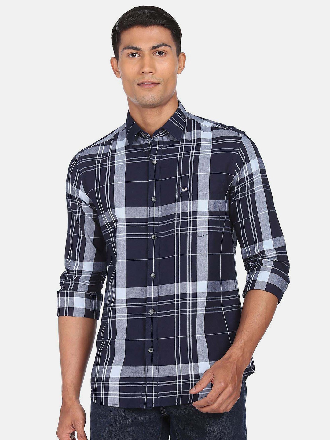 

Arrow Sport Tartan Checked Pure Cotton Slim Fit Casual Shirt, Navy blue