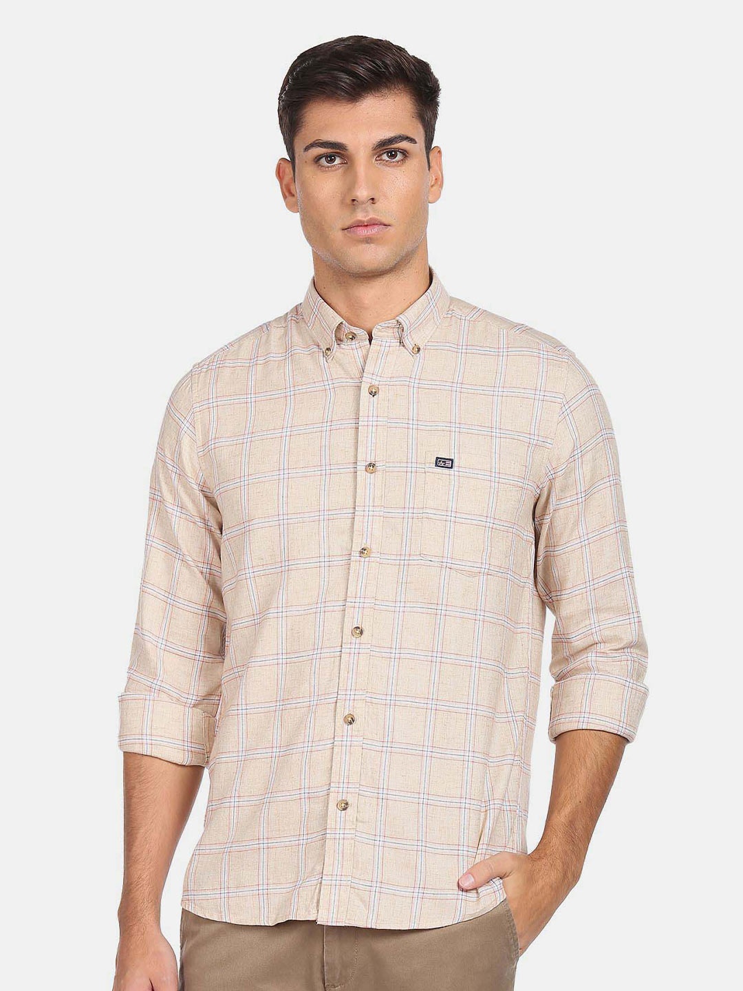 

Arrow Sport Slim Fit Windowpane Checked Pure Cotton Casual Shirt, Beige