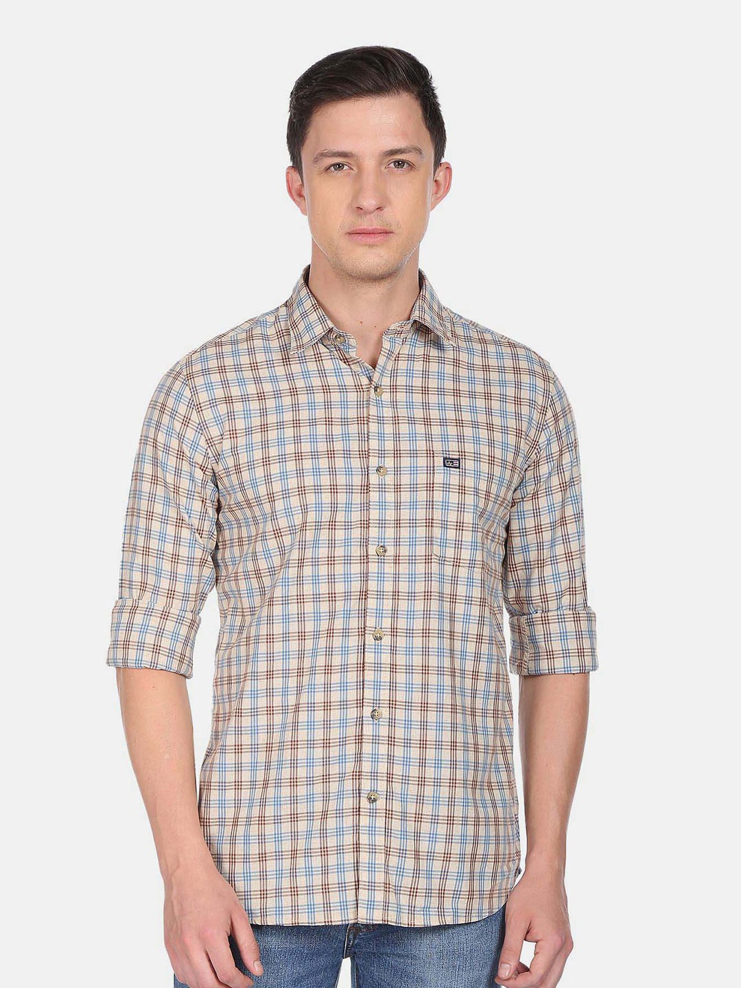 

Arrow Sport Slim Fit Tartan Checks Checked Twill Pure Cotton Casual Shirt, Beige