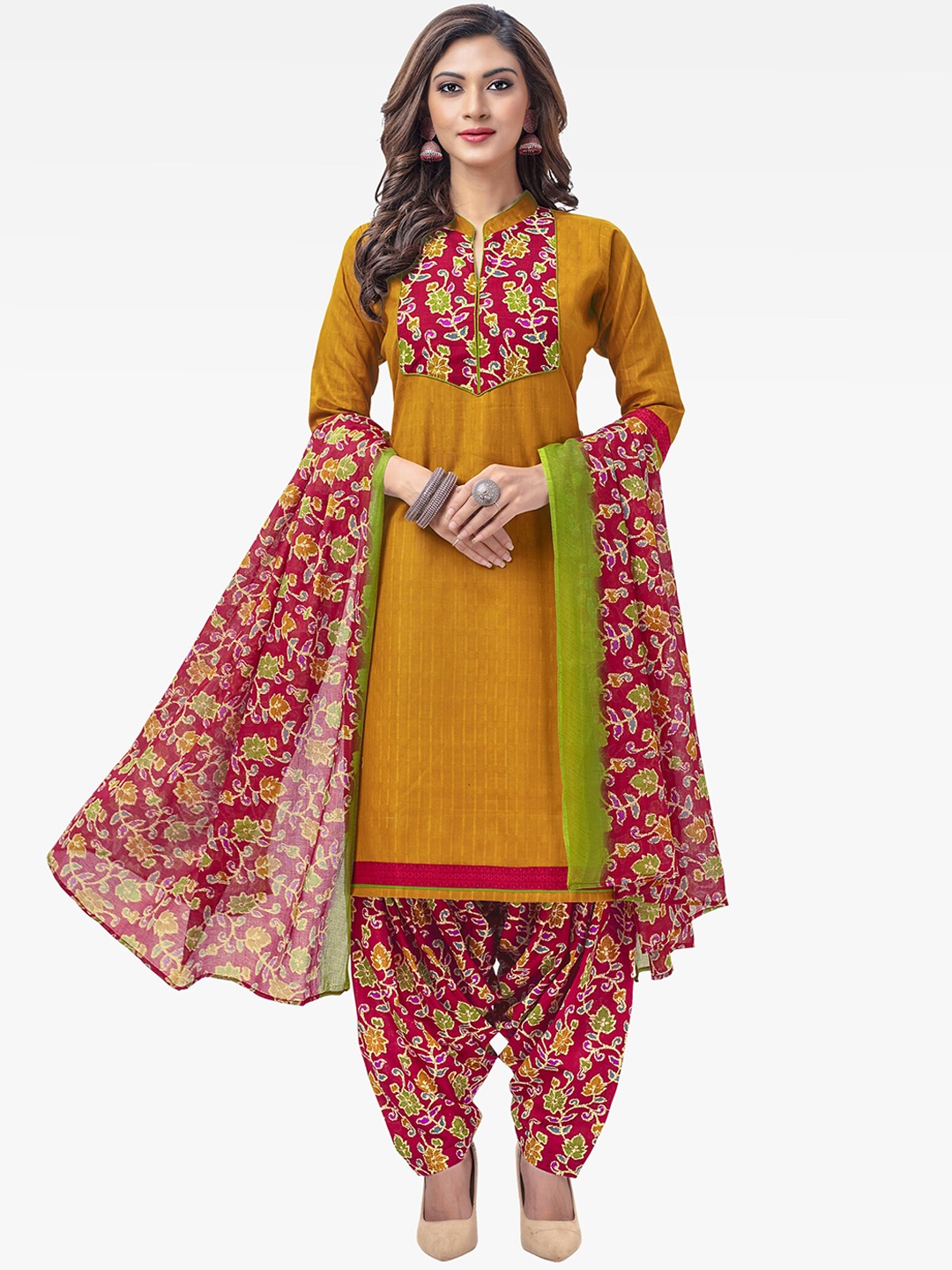 

Jevi Prints Floral Printed Pure Cotton Kurta With Patiala & Dupatta, Mustard