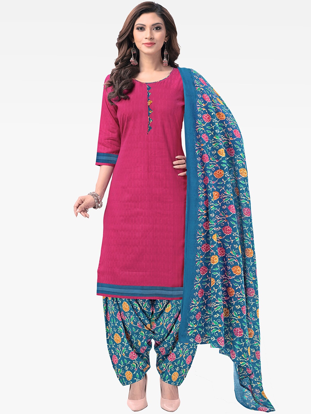 

Jevi Prints Striped Pure Cotton Straight Kurta With Patiala & Dupatta, Pink