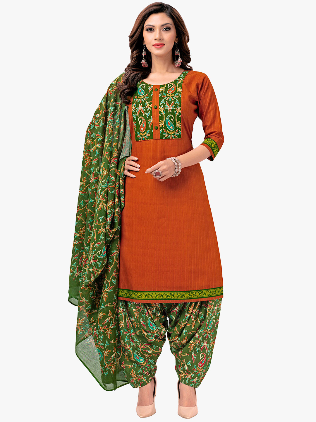 

Jevi Prints Ethnic Motifs Printed Pure Cotton Kurta With Patiala & Dupatta, Orange