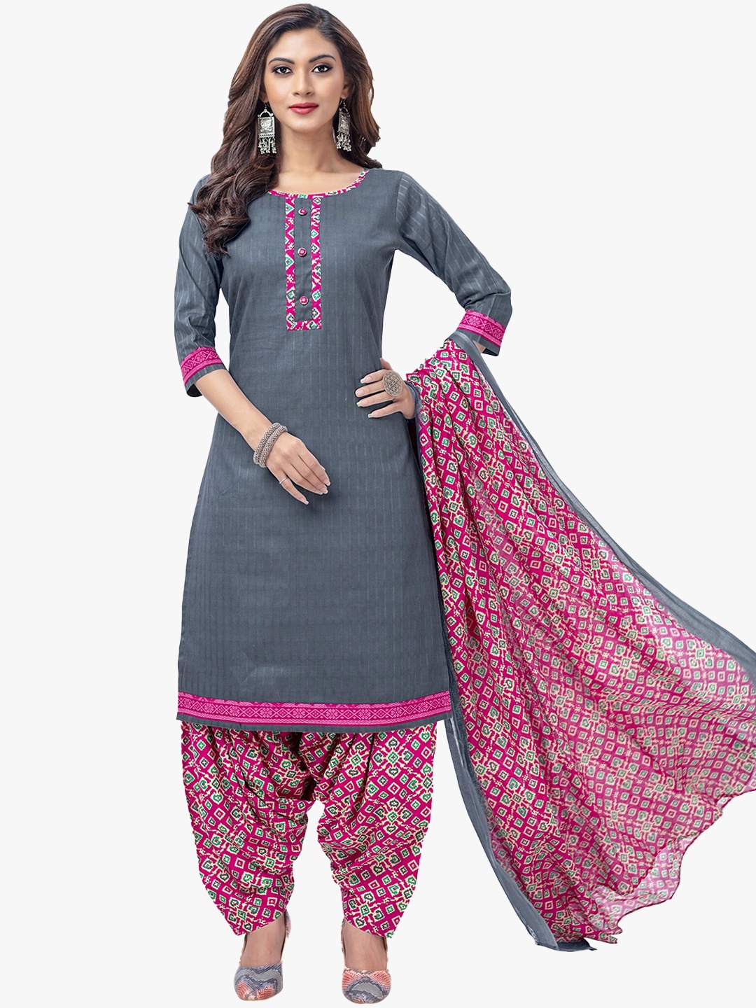 

Jevi Prints Straight Pure Cotton Kurta with Patiala & Dupatta, Grey