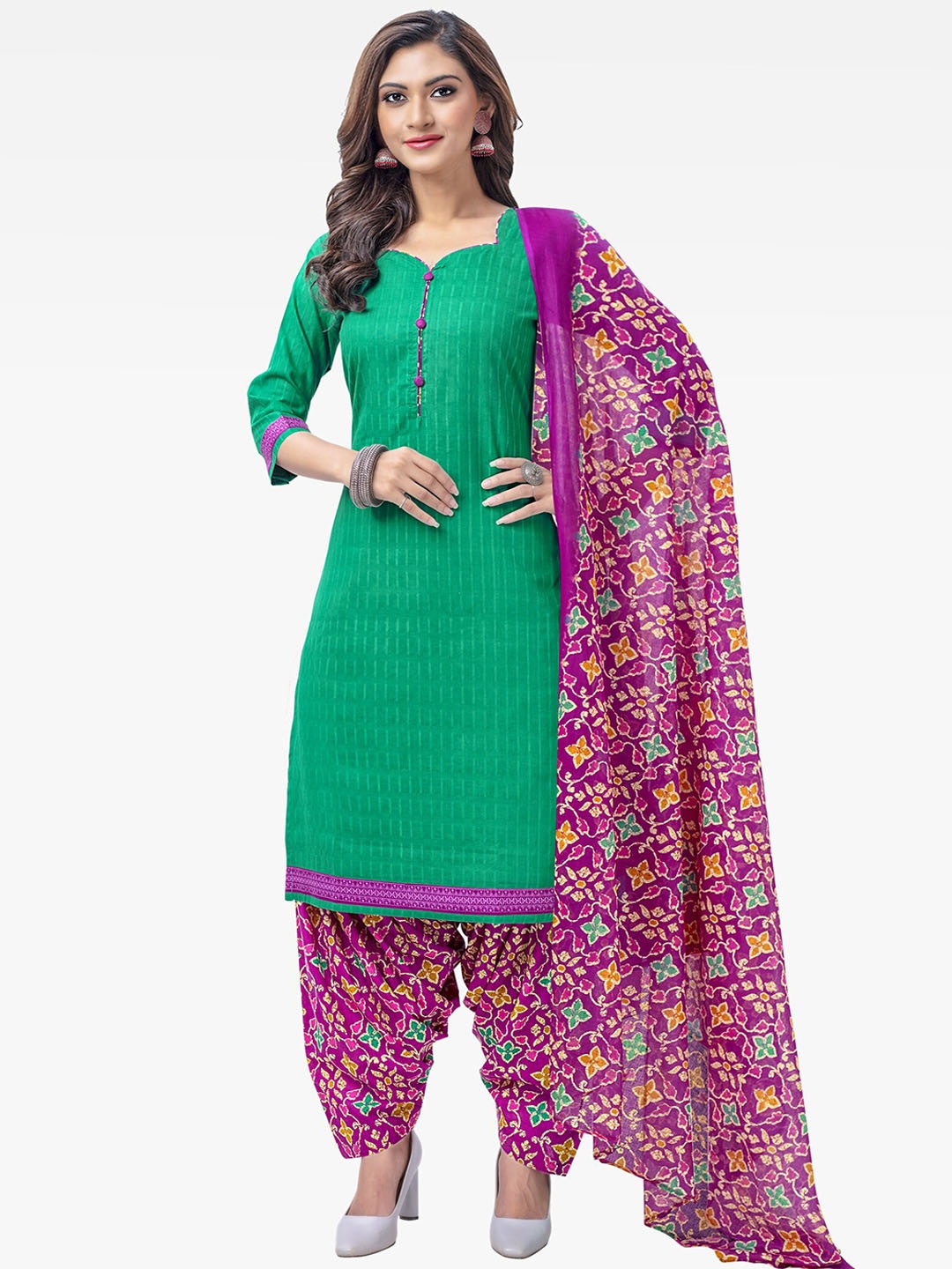 

Jevi Prints Pure Cotton Kurta With Patiala & Dupatta, Green