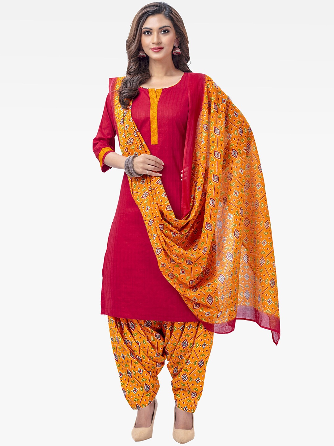 

Jevi Prints Pure Cotton Kurta With Patiala & Dupatta, Red