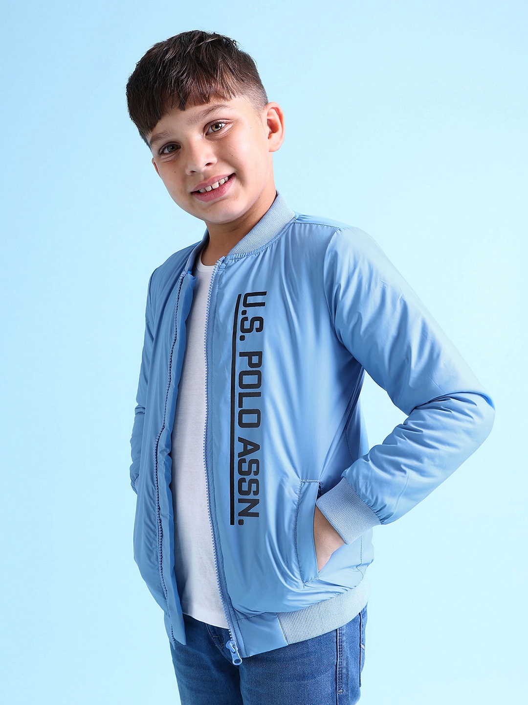 

U.S. Polo Assn. Kids Boys Printed Mandarin Collar Bomber Jacket, Blue