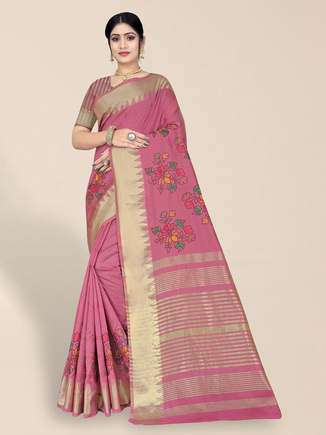 

SERONA FABRICS Ethnic Motifs Embroidered Zari Silk Cotton Saree, Pink