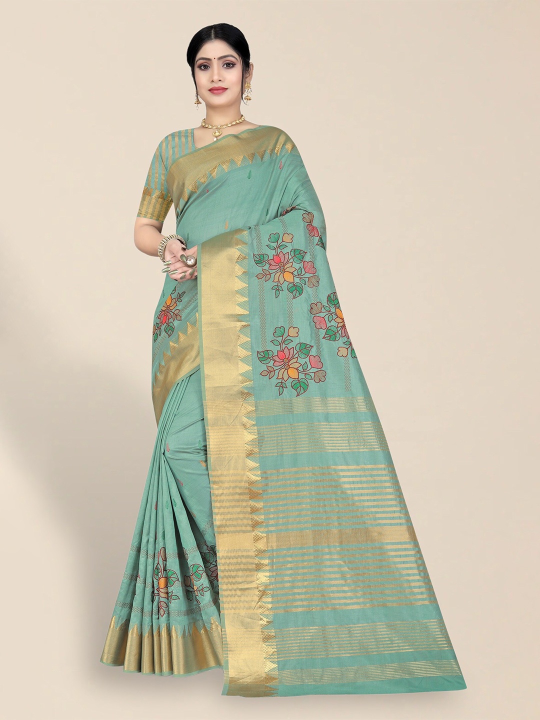 

SERONA FABRICS Ethnic Motifs Embroidered Zari Silk Cotton Saree, Green