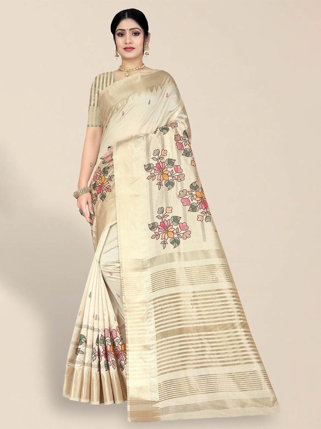 

SERONA FABRICS Ethnic Motifs Embroidered Zari Silk Cotton Saree, Coffee brown