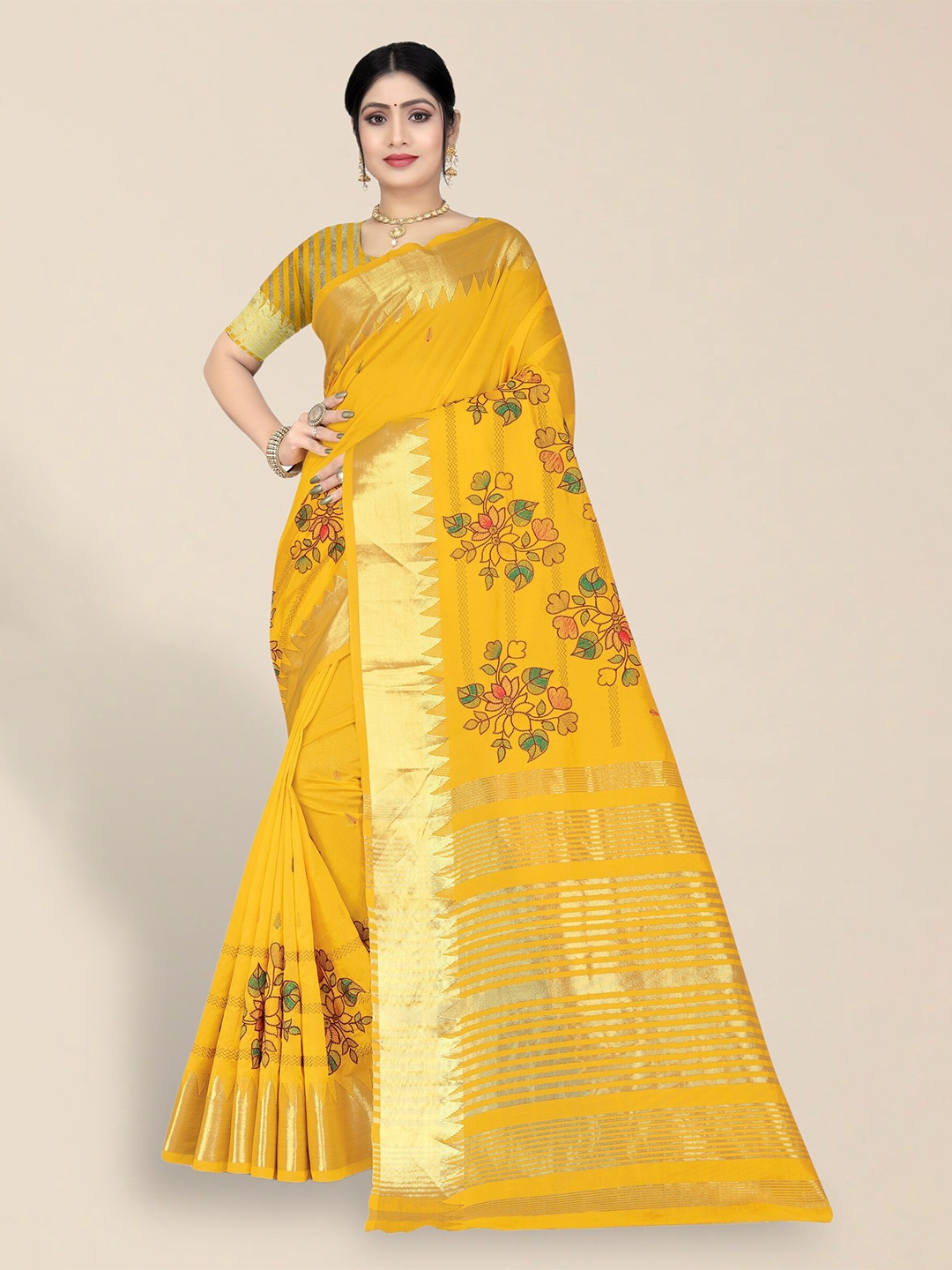 

SERONA FABRICS Ethnic Motifs Embroidered Zari Silk Cotton Saree, Yellow