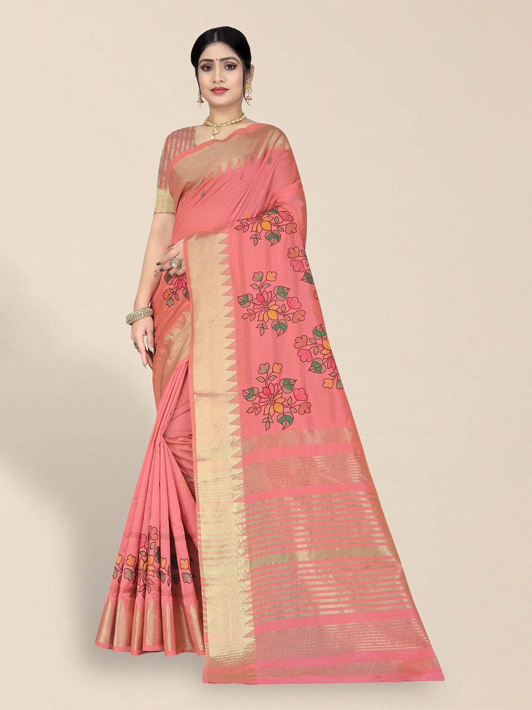 

SERONA FABRICS Ethnic Motifs Embroidered Zari Silk Cotton Saree, Peach