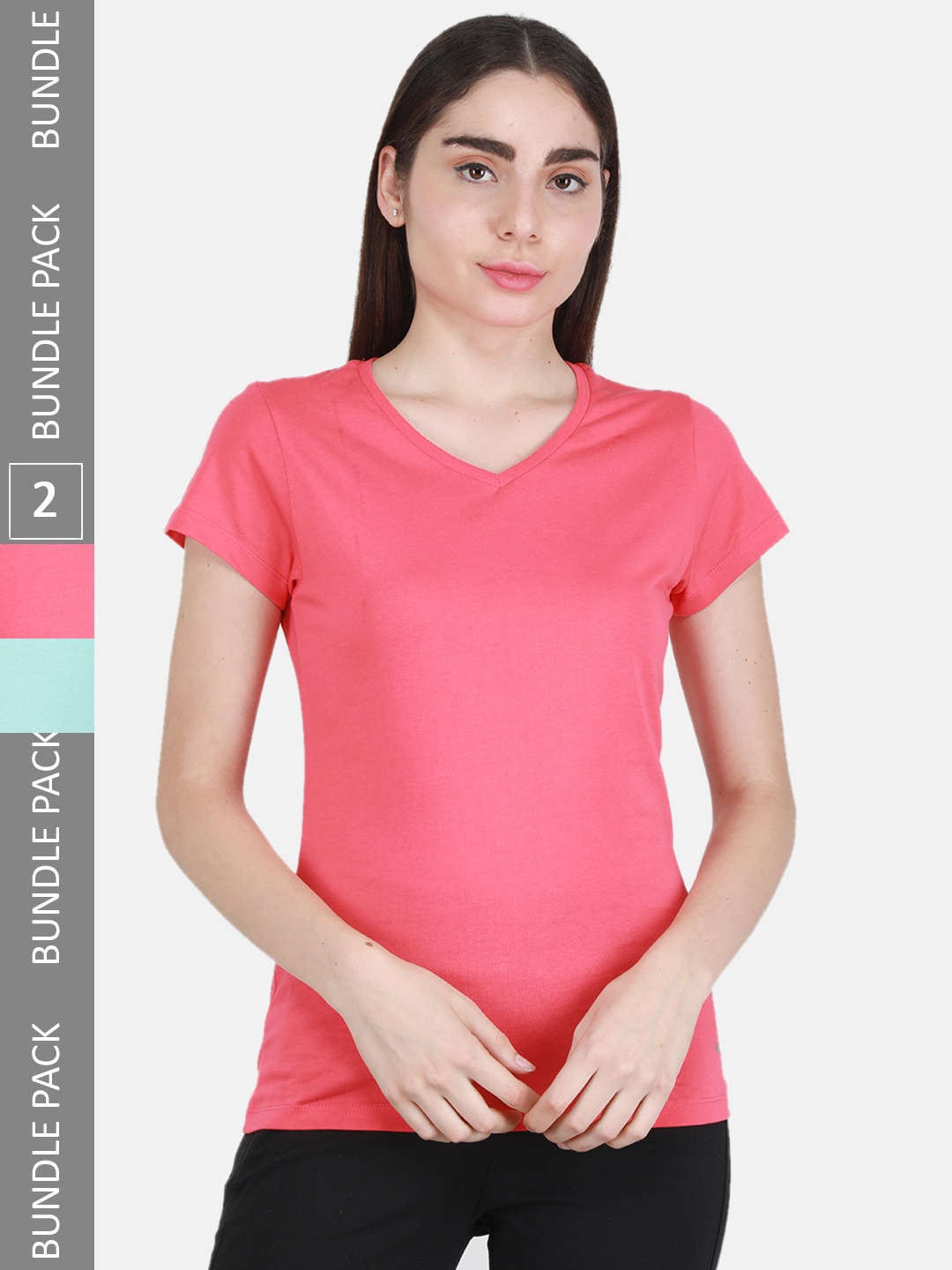 

Monte Carlo Women Pack of 2 Cotton V-Neck Tops, Coral