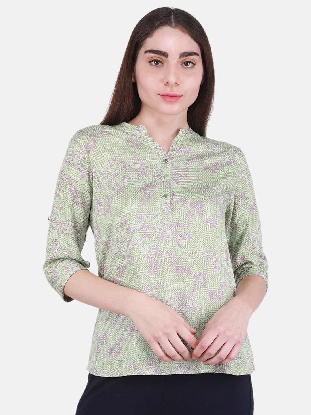 

Monte Carlo Floral Printed Mandarin Collar Top, Green