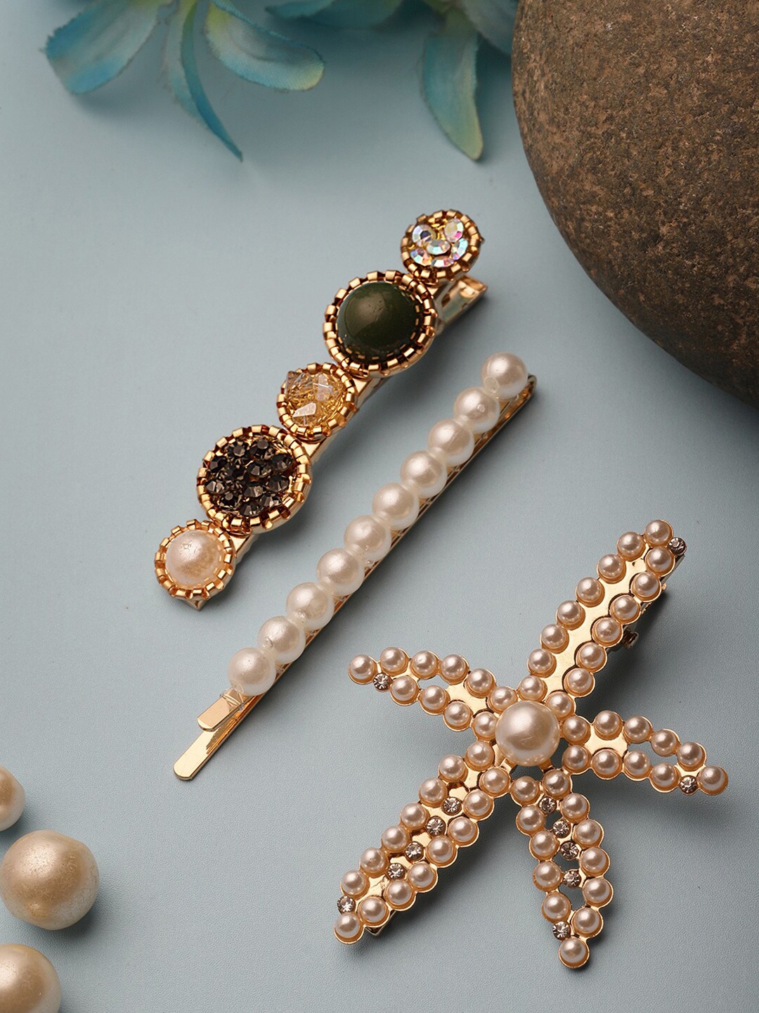 

VOGUE PANASH Women Set of 3 Gold-Plated Embellished Bobby Pins