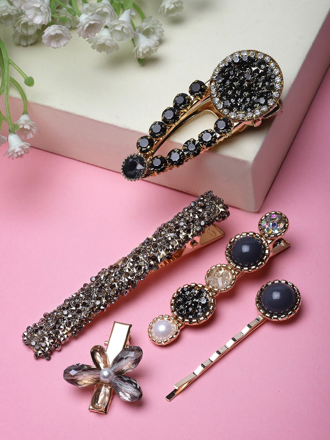 

VOGUE PANASH Women Set of 5 Gold-Plated Embellished Alligator Hair Clip