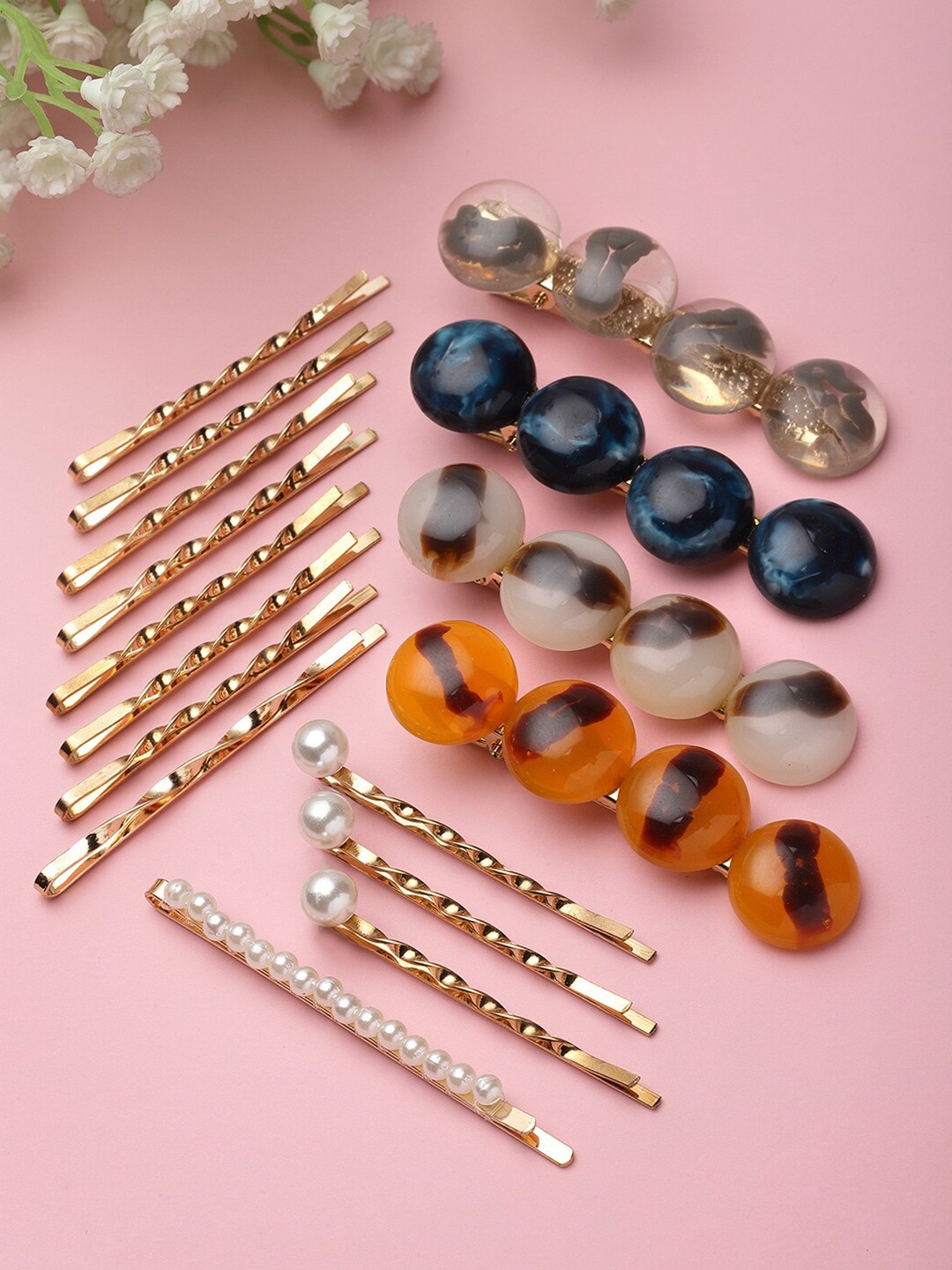 

VOGUE PANASH Women Set Of 4 Stone & Pearl Embellished Alligator Hair Clips, Gold