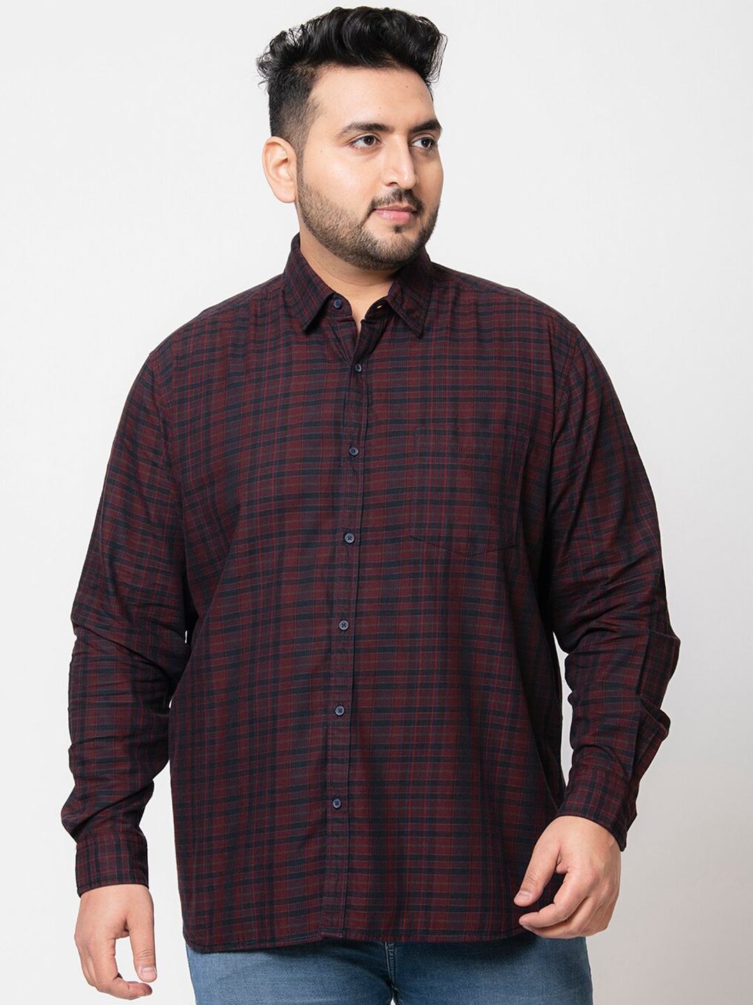 

IVOC Plus Size Classic Checked Pure Cotton Casual Shirt, Burgundy