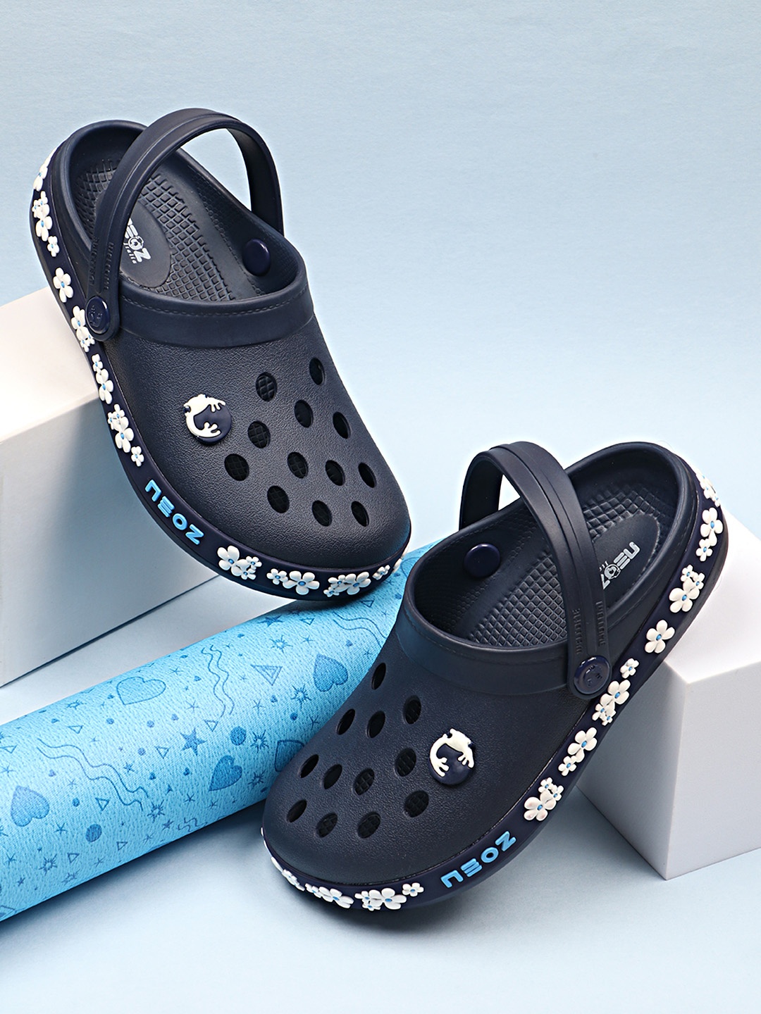 

NEOZ Kids Embellished Printed Rubber Clogs, Navy blue