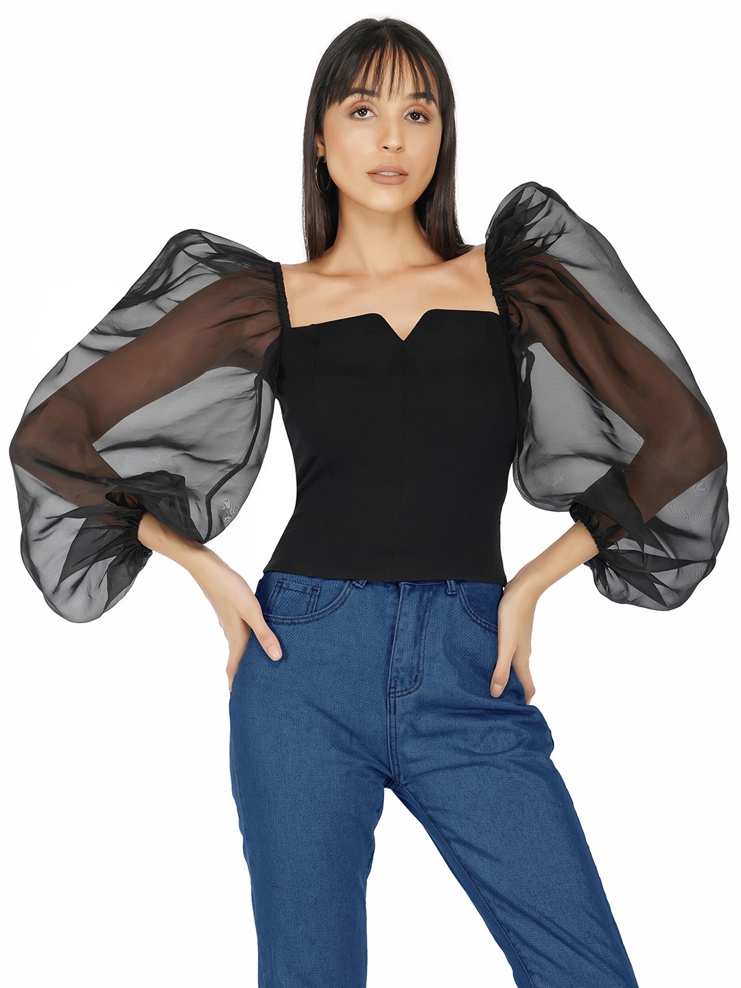 

THE CLOTHING FACTORY Puff Sleeves Square Neck Top, Black