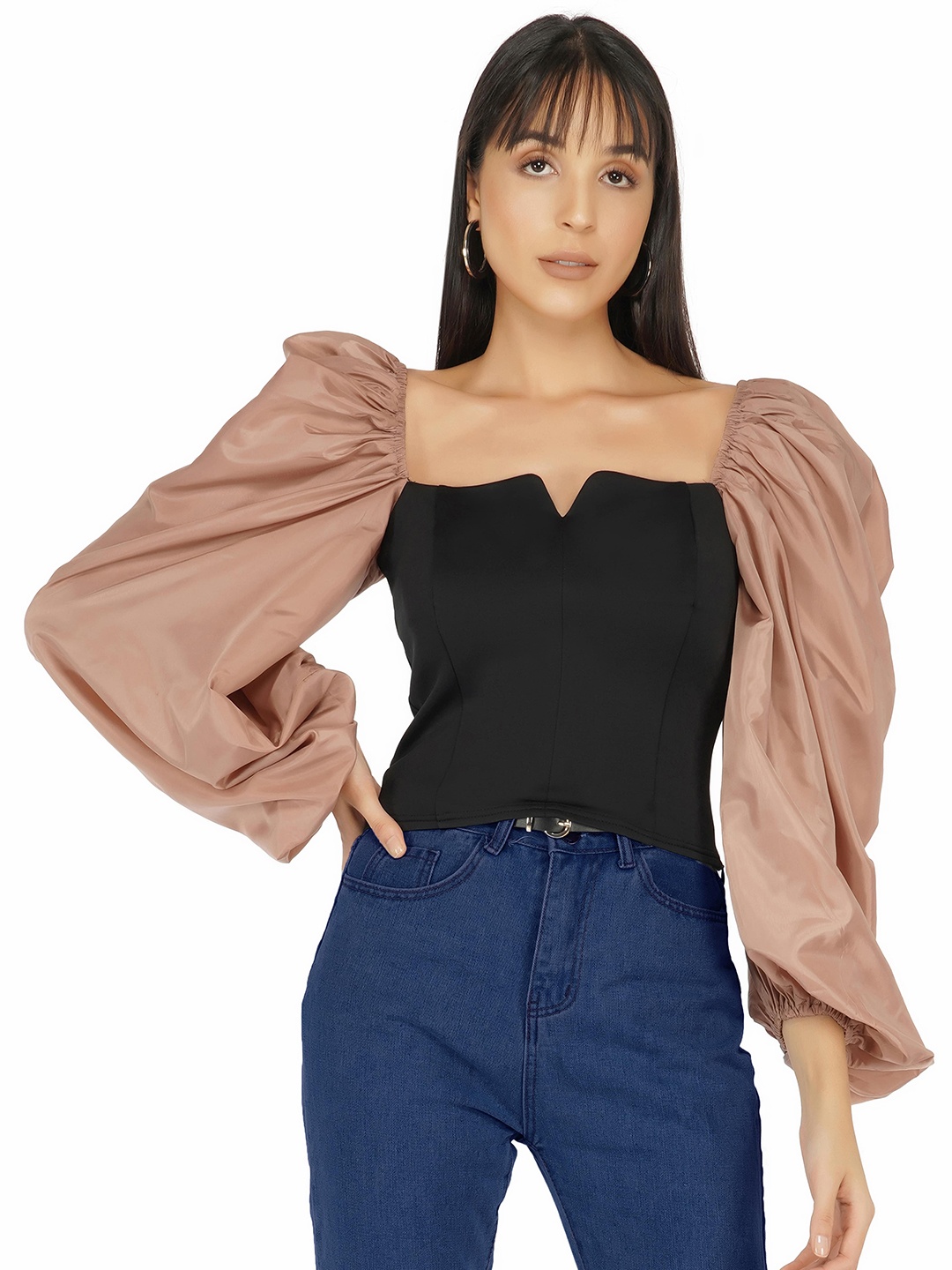 

THE CLOTHING FACTORY Square Neck Balloon Sleeves Fitted Top, Champagne