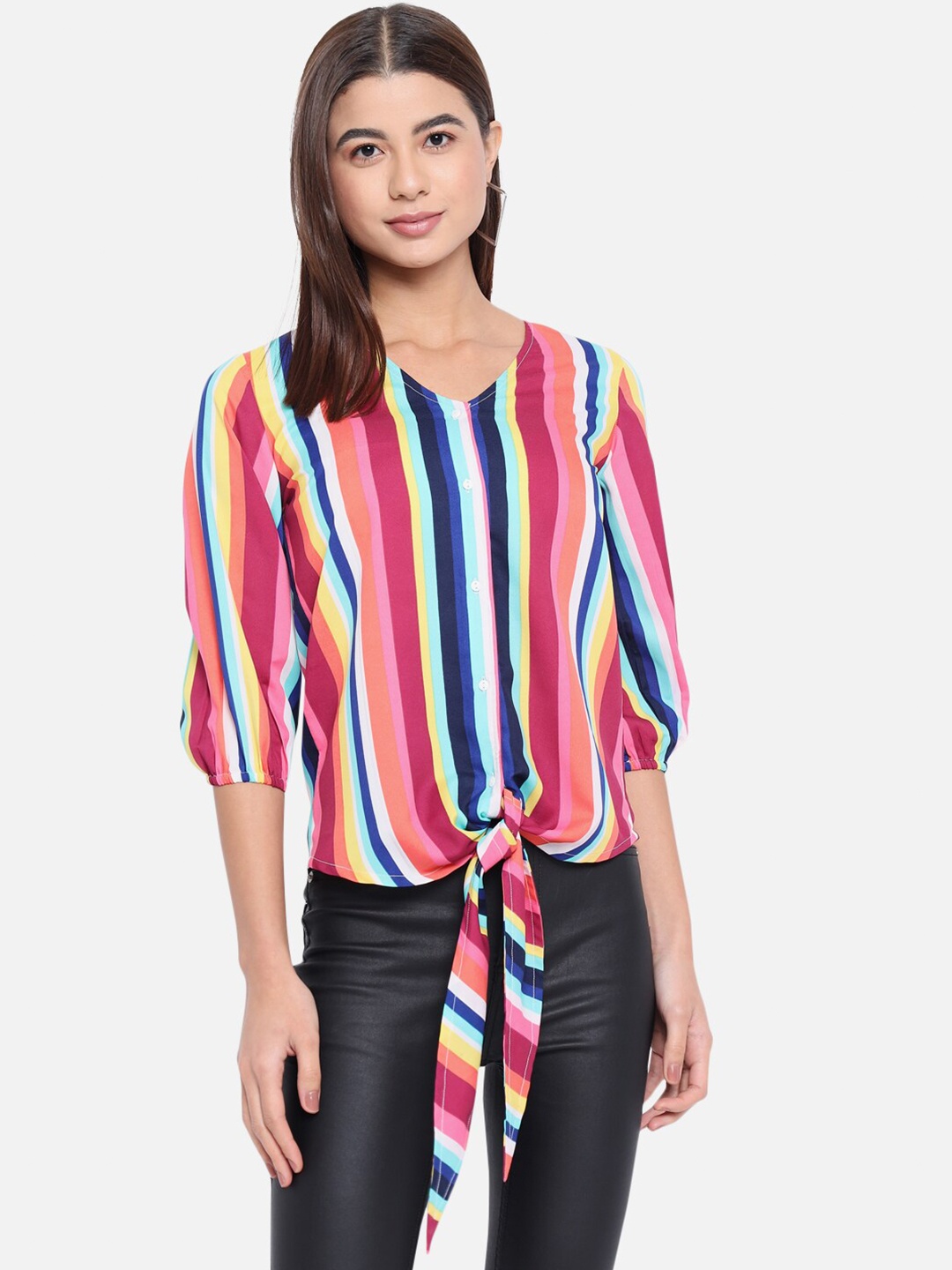 

ALL WAYS YOU Tie-Up Detail Striped Crepe Top, Pink