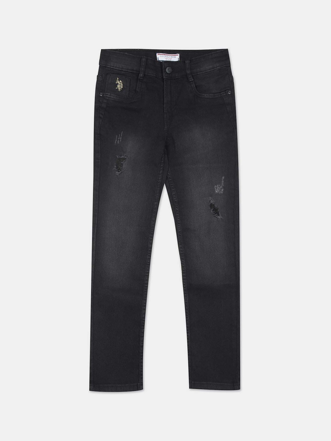 

U.S. Polo Assn. Kids Boys Black Slim Fit Mildly Distressed Light Fade Cotton Jeans
