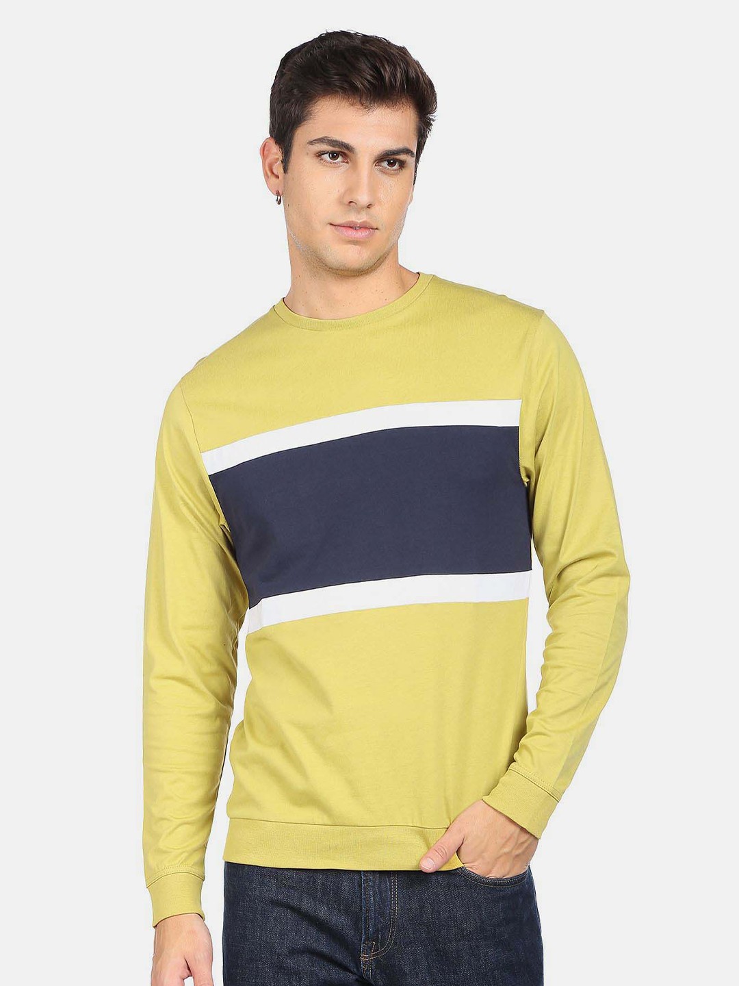 

Flying Machine Colourblocked Long Sleeve Pure Cotton T-shirt, Green