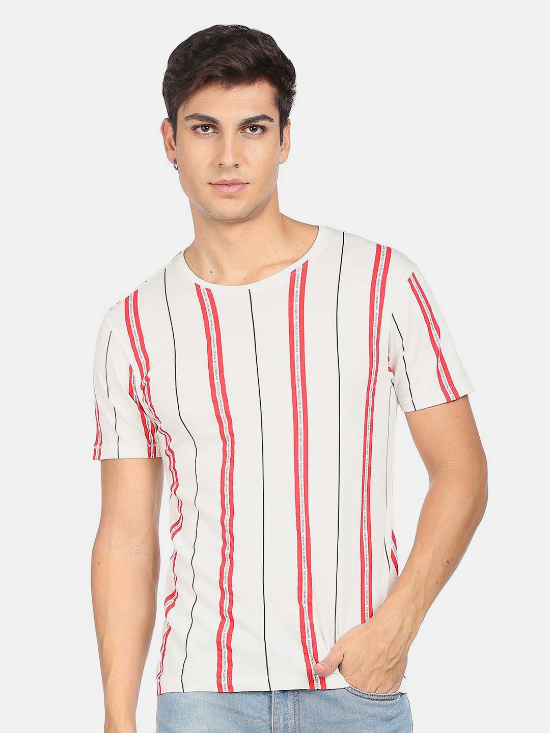 

Flying Machine Striped Pure Cotton T-shirt, White