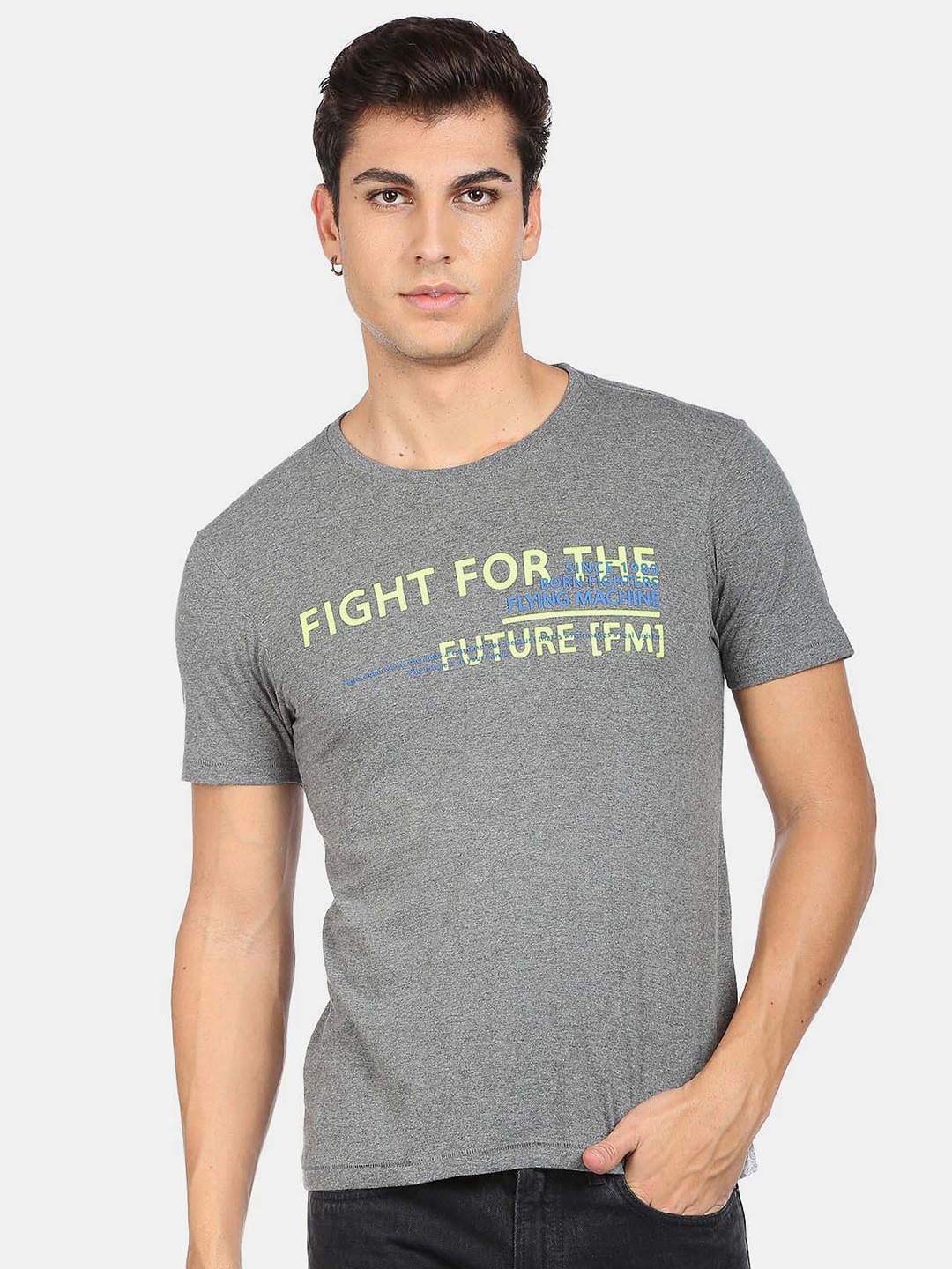 

Flying Machine Typography Printed Cotton T-shirt, Grey