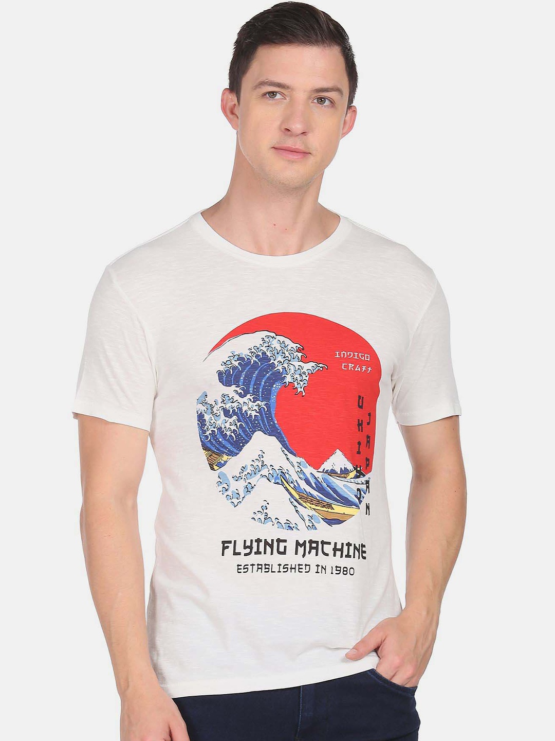 

Flying Machine Graphic Printed Round Neck Pure Cotton T-shirt, White