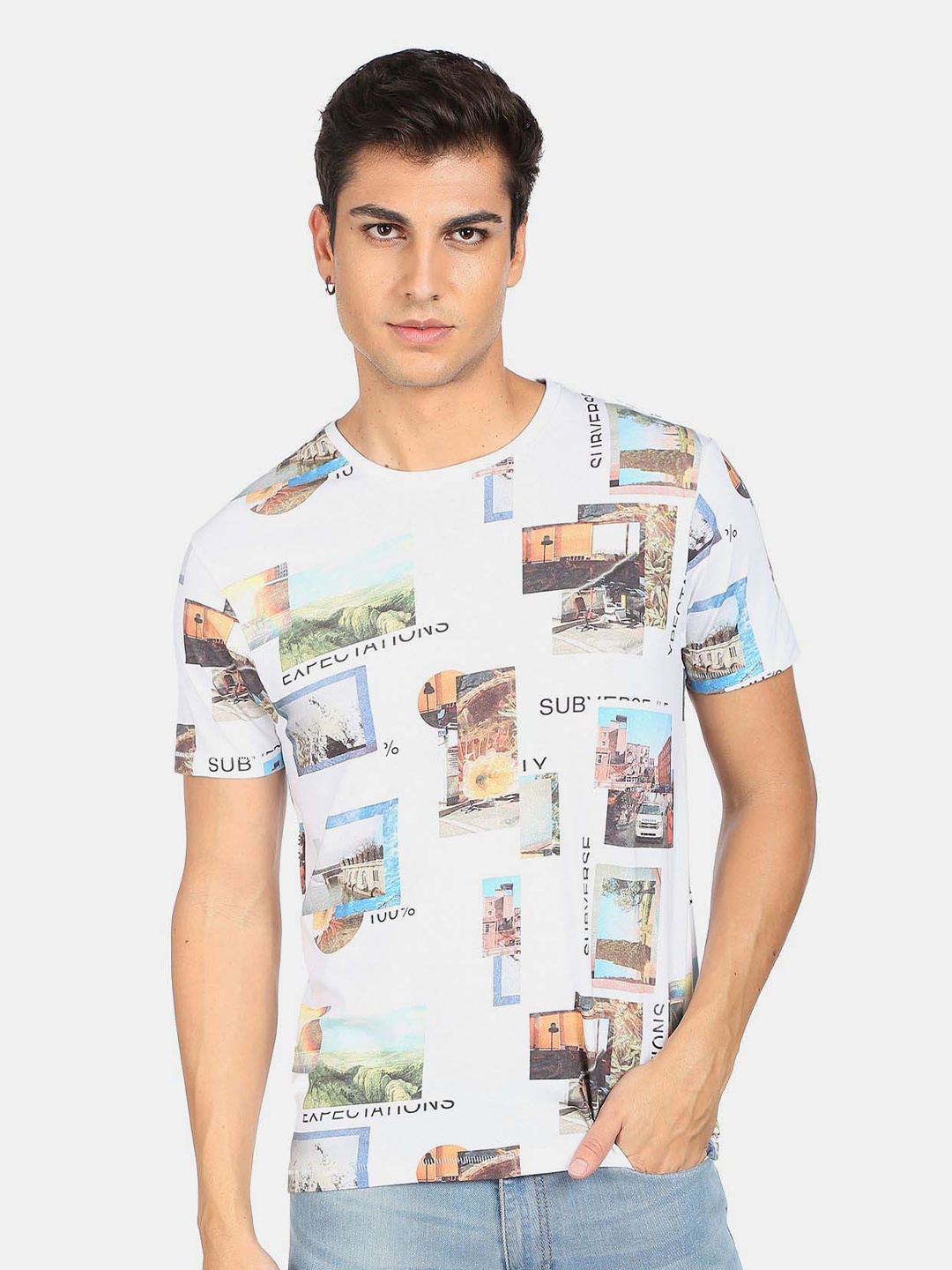 

Flying Machine Graphic Printed Round Neck Pure Cotton T-shirt, White