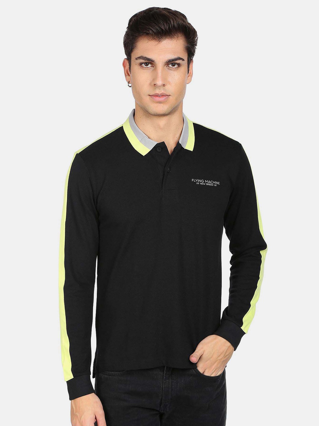 

Flying Machine Polo Collar Long Sleeve Pure Cotton T-shirt, Black