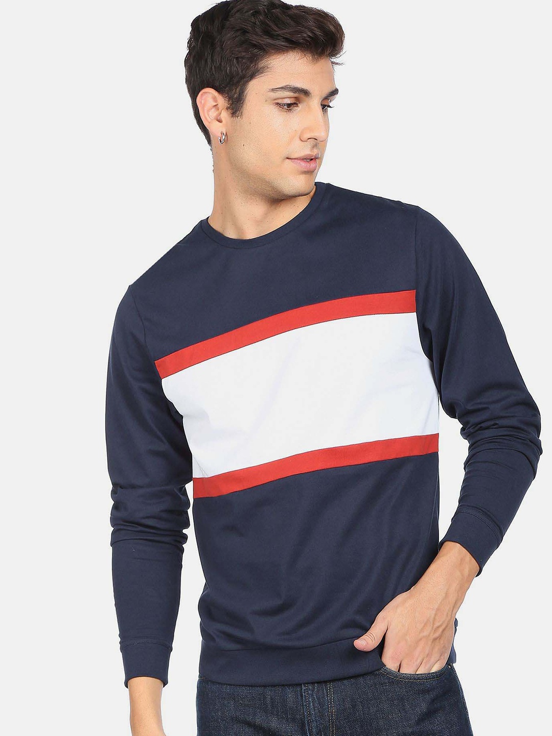 

Flying Machine Colourblocked Long Sleeve Pure Cotton T-shirt, Navy blue