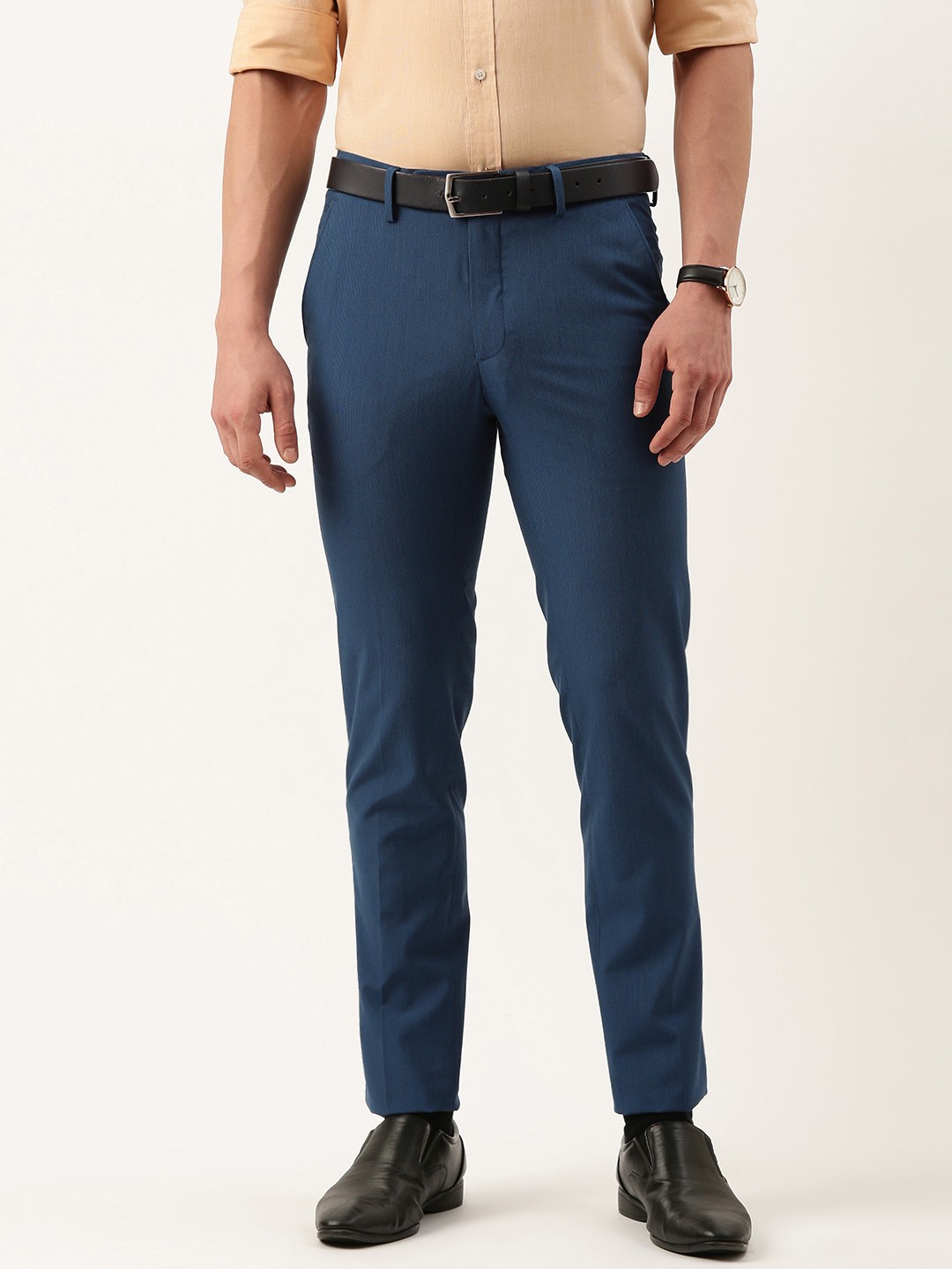 

Peter England Men Mid-Rise Striped Slim Fit Trousers, Navy blue