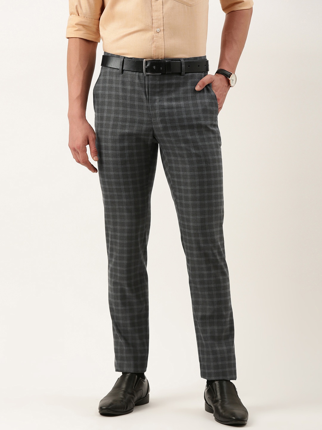 

Peter England Men Checked Slim Fit Formal Trousers, Charcoal