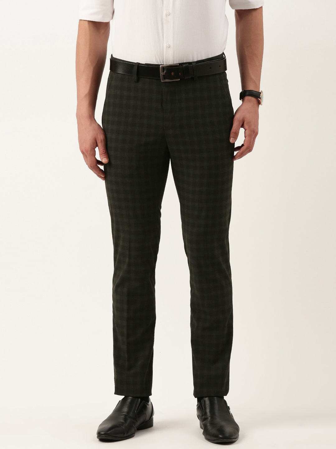 

Peter England Men Checked Slim Fit Formal Trousers, Black