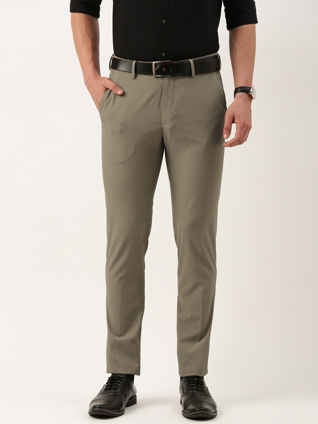 

Peter England Men Solid Slim Fit Formal Trousers, Khaki