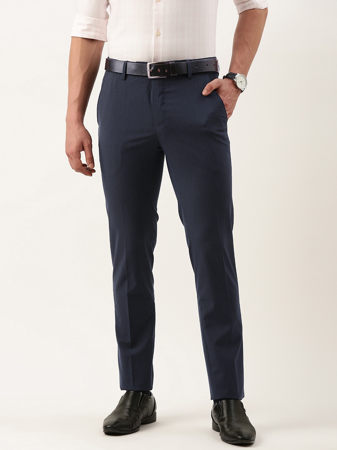 

Peter England Men Striped Slim Fit Formal Trousers, Navy blue
