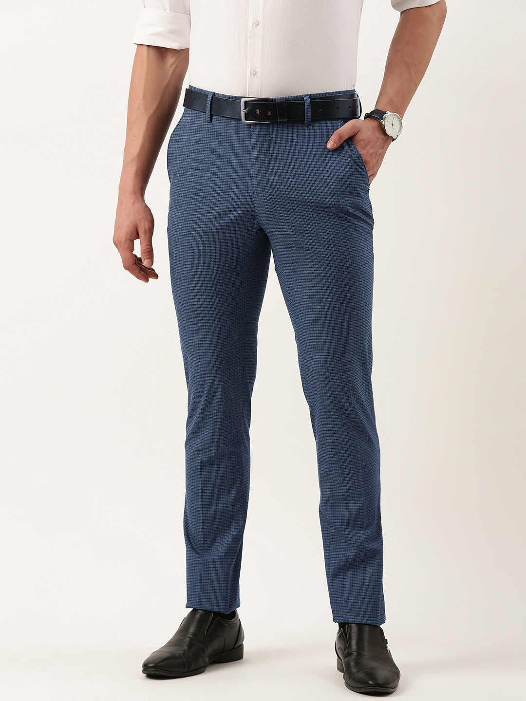 

Peter England Men Neo Slim Fit Checked Trousers, Navy blue